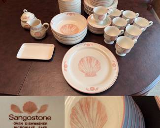 6 pc place setting Service for 8 Sangostone Coquille stoneware dinnerware set from Korea, peach seashell pattern