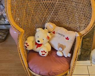 Wicker Peacock Chair with Plush Toys