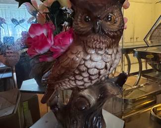 Vintage Ceramic Owl Figurine with Faux Flowers