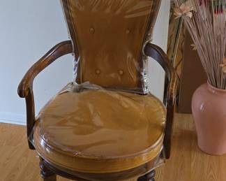 Vintage Accent Chair with Carved Wood Frame and Mustard Velvet Upholstery
