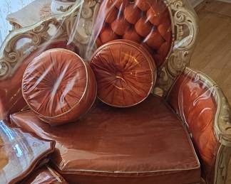 Ornate Hand-Carved French Baroque Armchair with Tufted Orange Upholstery