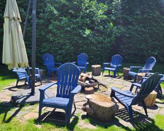 ADIRONDAK CHAIRS, 8 PLUS FAB UMBRELLA, ONE OF 2