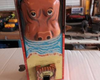 Tin Litho Mechanical Coin Bank - Happy Hippo