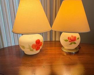 Vintage Hand-Painted Floral Ceramic Table Lamps (Pair)