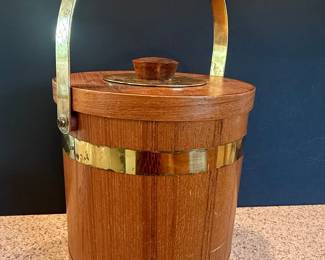 Vintage Teak and Brass Barrel Ice Bucket