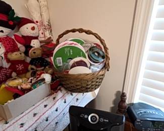 Christmas Themed Fabric Rolls and Ribbon Basket