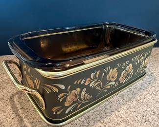 Vintage Pyrex Amber Loaf Pan with "Golden Harvest" Metal Carrier
