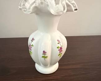 Vintage Fenton Silver Crest "Violets in the Snow" Hand-Painted Milk Glass Vase