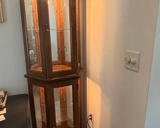 Vintage Oak Curio Cabinet with Glass Doors and Lighting