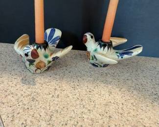 Vintage Tonala Mexican Ceramic Bird Candlestick Holders