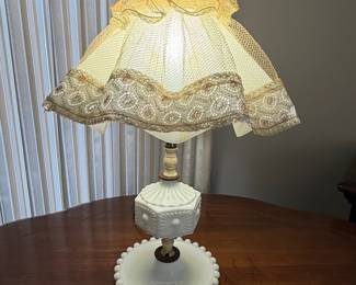 Vintage Milk Glass Hobnail Table Lamp with Lace Shade