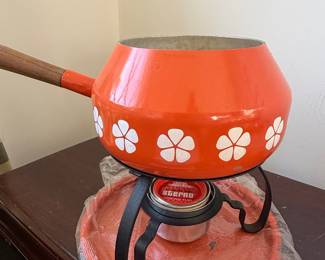Vintage Orange Floral Enamel Fondue Pot Set