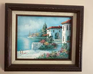 Coastal Italian Villa Oil Painting by C. Croft