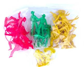 Vintage 1:29 Plastic Cowboys and Native Americans Toy Figure Lot - Bright Red, Green & Yellow Mix