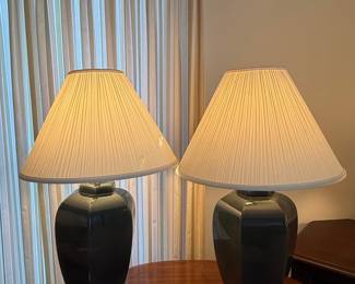 Pair of Octagonal Ceramic Table Lamps with Pleated Shades