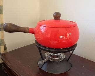 Vintage Red Enamel Dansk Kobenstyle Fondue Pot with Wooden Handle