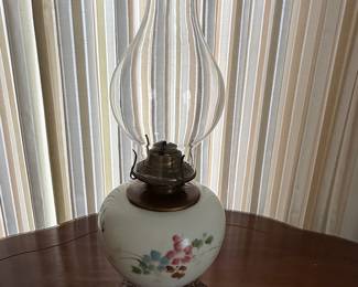 Vintage Hand Painted Floral Oil Lamp with Glass Shade and Ornate Metal Base