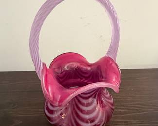 Fenton Cranberry Opalescent Swirl Art Glass Basket