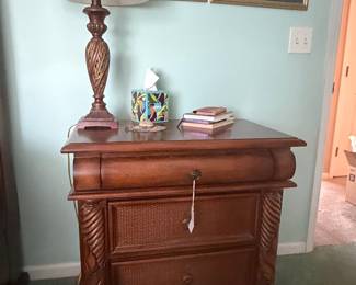 Vintage Carved Wood Nightstand with Woven Drawer Fronts