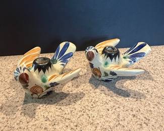 Vintage 1961 Mexican Folk Art Ceramic Bird Candle Holders