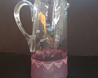 Victorian Style Hand-Painted Glass Pitcher with Bird and Floral Decoration