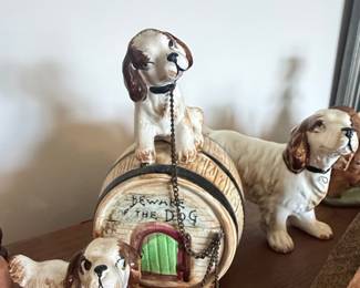 Vintage Ceramic "Beware of the Dog" Barrel Coin Bank with Dogs
