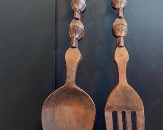 Vintage Carved Wooden Tiki Spoon and Fork Set
