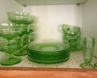 Green Depression Glass Block Optic Pattern Dessert Bowls, Plates, and Cups