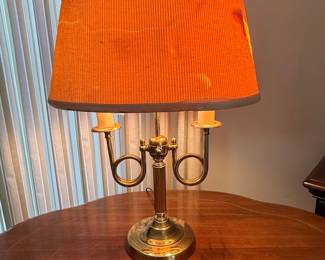 Vintage Brass French Horn Bouillotte Table Lamp with Orange Shade