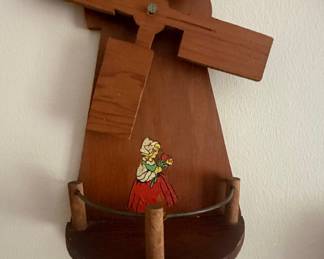 Vintage Wooden Dutch Windmill Wall Shelf Decor with Hand-Painted Woman