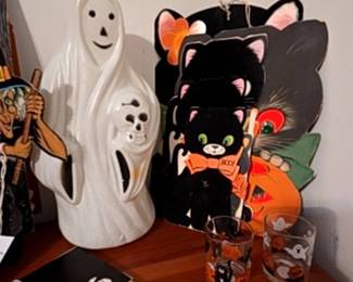 Vintage Halloween Blow Mold Ghost with Black Cat and Tumblers