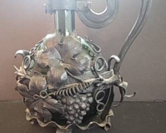 Vintage Art Nouveau Pewter Overlay Green Glass Decanter with Grapevine Motif