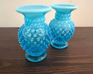 Fenton Blue Opalescent Hobnail Vases