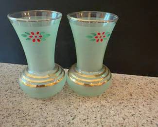 Vintage Frosted Green Glass Vases with Gold Bands and Hand-Painted Floral Detail