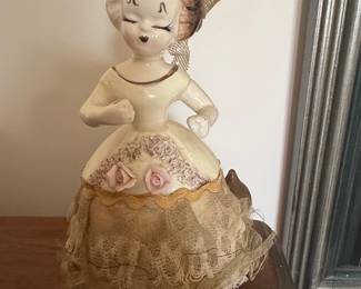 Vintage Ceramic Ballerina Figurine with Lace Skirt and Applied Roses