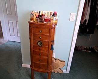 Vintage Jewelry Armoire with Oval Floral Inlay and Tassel