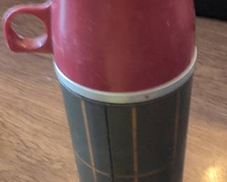 Vintage Thermos Vacuum Bottle with Red Cup Lid and Green Plaid Body