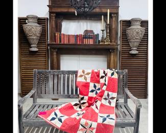 Teak, Outdoor, Bench and vin Vintage mantle and Vintage quilt