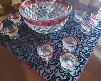 Cranberry rimmed punch bowl w/12 glasses
