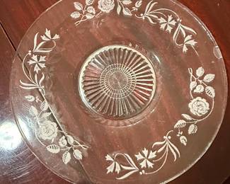 Vintage Etched Glass Plate with Floral Motif and Sunburst Center