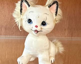 Vintage Ceramic Cat Figurine with Faux Fur Accents, Made in Japan