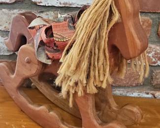 Rustic Wooden Rocking Horse Decor with Fabric Sash