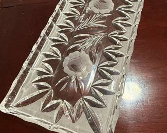 Vintage Cut Crystal Serving Tray with Rose Etching