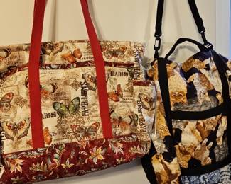Handmade Quilted Tote Bag with Parisian Butterfly Print and Cat Print Duffle Bag