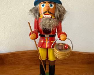 Wooden Nutcracker with Blue Hat and Red Coat - Mushroom Hunter