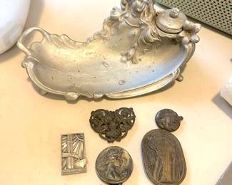 Antique & Vintage - Nouveau and Art Deco inkwell, pins, and buckles
