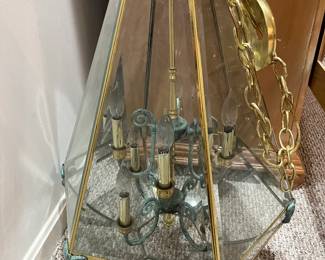 Lovely glass, brass and copper Chandalier, in very good condition