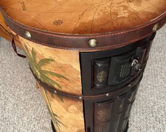 Rare Maitland-Smith drum table! Embossed leather, faux book binding on drawer & cabinet, a beautiful piece of Mid-Century Modern!