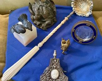 Bronze birds, Siver & bone handled Punch ladle & 18C powder flask