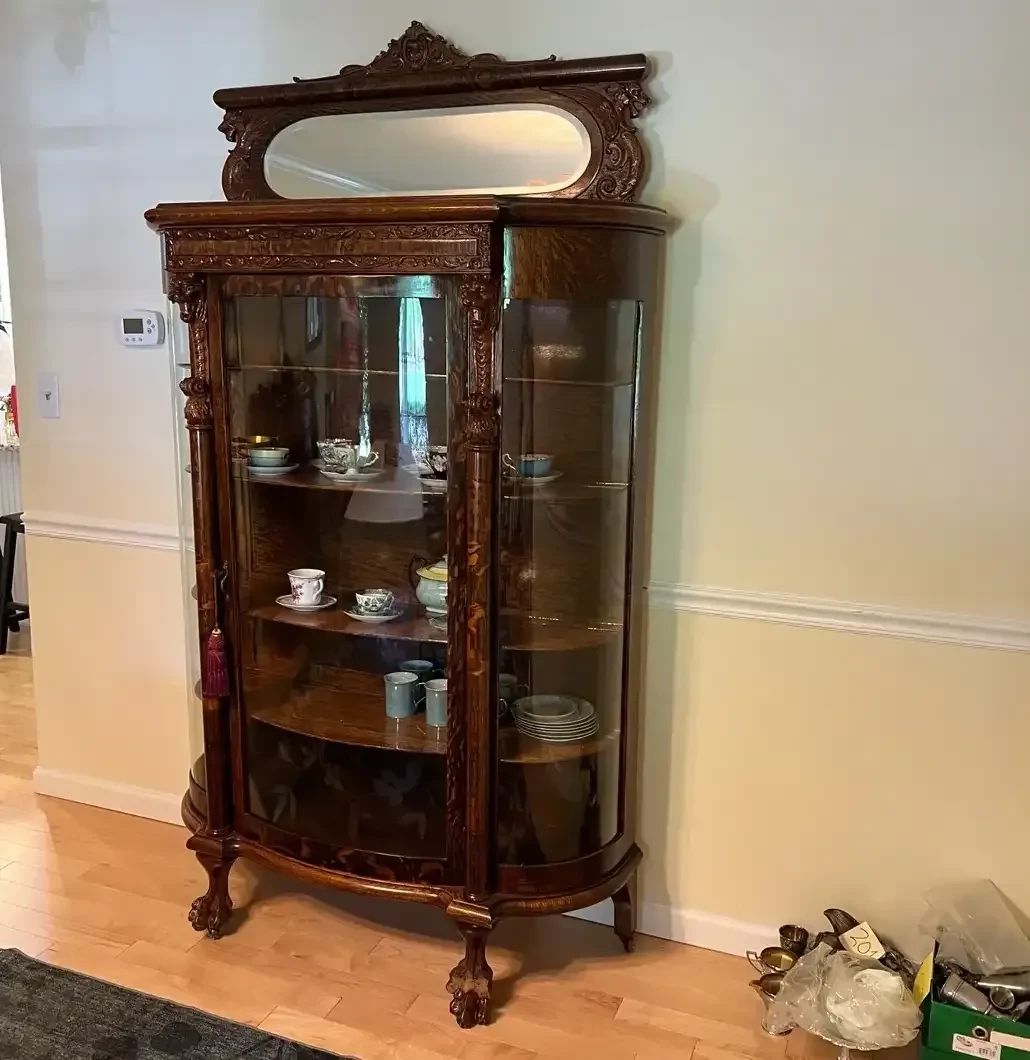 Victorian Era Carved Oak China Cabinet with Curved Glass Side Panels, on Casters